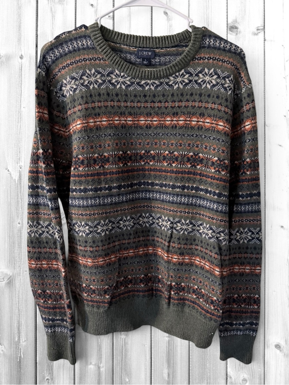 🌼J. Crew Olive Fair Isle Crewneck with Navy & Rust Accents